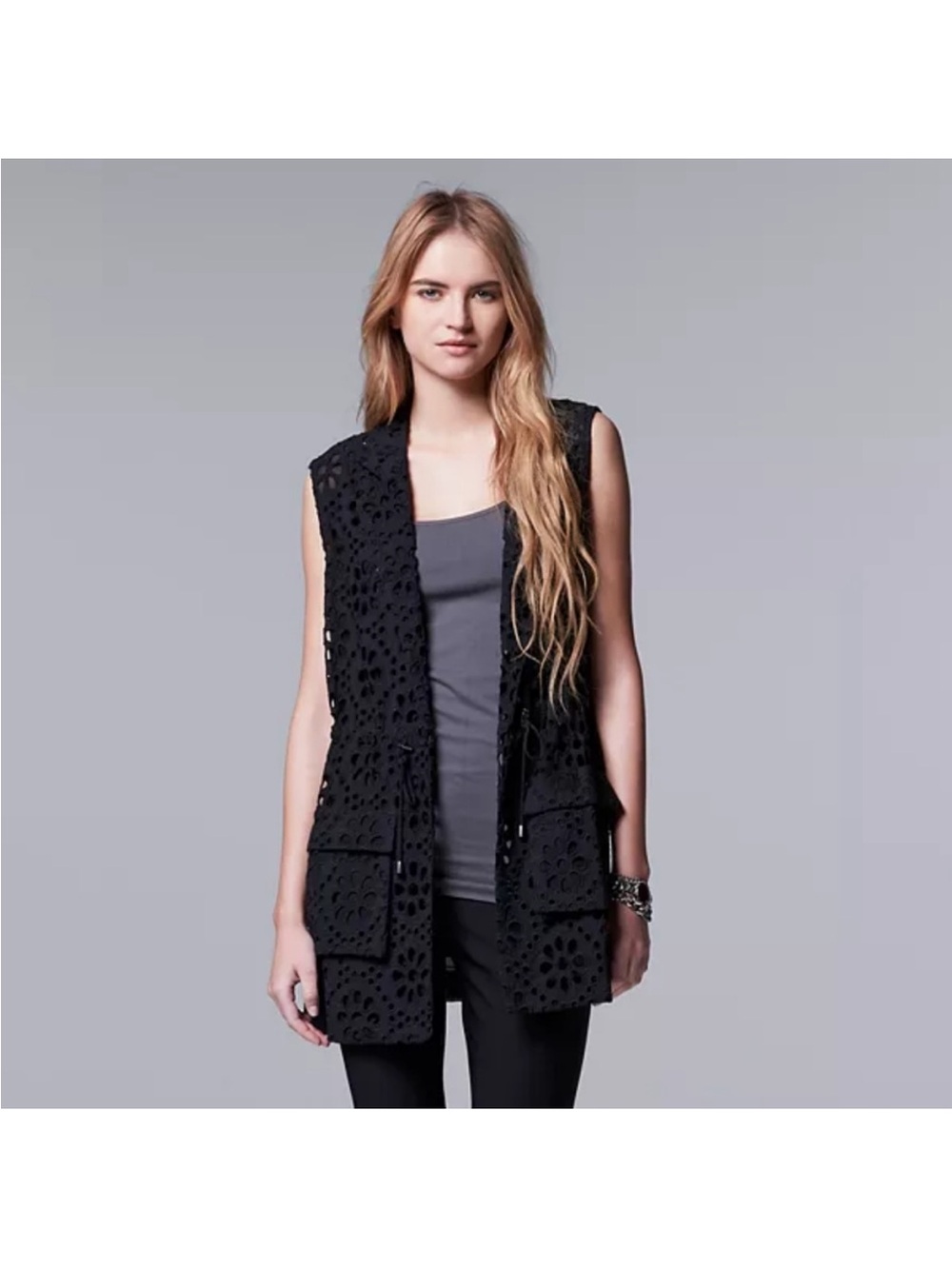 Simply Vera Vera Wang Black Eyelet-Detail Open Vest SZ XL